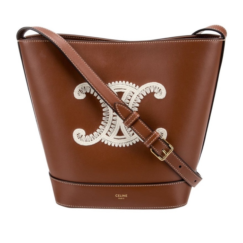 Celine 2022 Small Triomphe Brown Calfskin Leather Logo Embroidery Bucket Bag EUC